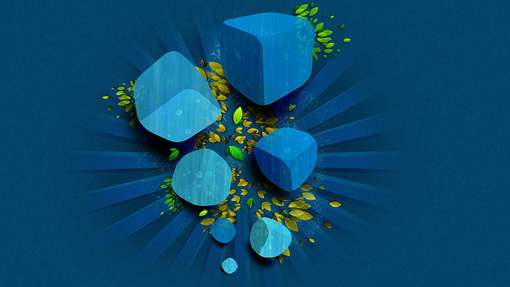 ilustração de cubos azuis e verdes, cubo, folhas, azul escuro, verde, vetor, HD papel de parede