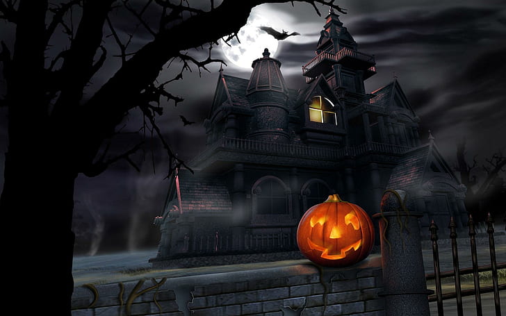 halloween, pumpkin, lantern, house, darkness, gloom, haunted house wallpaper, halloween, pumpkin, lantern, house, darkness, gloom, HD wallpaper