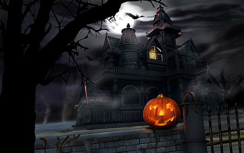 halloween, dynia, latarnia, dom, ciemność, mrok, tapeta nawiedzonego domu, halloween, dynia, latarnia, dom, ciemność, mrok, Tapety HD HD wallpaper