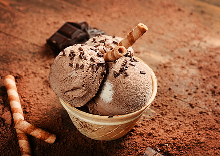 шарики мороженого, шоколад, мороженое, десерт, вафли, тюбик, HD обои HD wallpaper