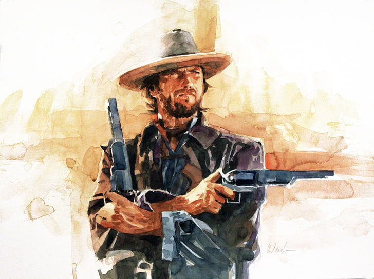 Pria memegang sketsa pistol, Clint Eastwood, karya seni, film, Wallpaper HD
