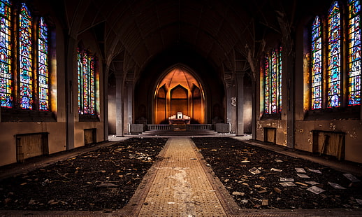 building, abandoned, interior, arch, church, empty, Altar, stained glass, HD wallpaper HD wallpaper
