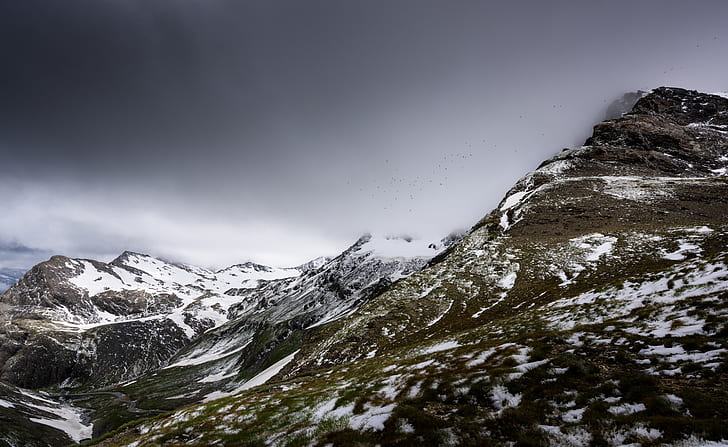 French Alps Mountain Range Landscape, Nature, Mountains, Snow, Europe, France, Tignes, darkclouds, Savoie, FrenchAlps, highaltitude, HD wallpaper