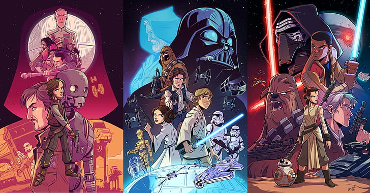 Star Wars, BB-8, C-3PO, Chewbacca, Darth Vader, Finn (Star Wars), Han Solo, Kylo Ren, Millennium Falcon, R2-D2, Rey (Star Wars), Stormtrooper, HD тапет