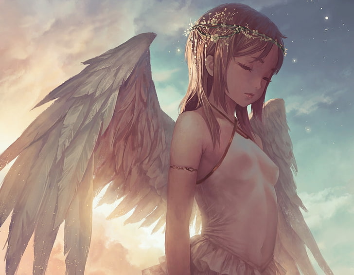 ангелско момиче, крила, затворени очи, блондинка, пера, бяла рокля, аниме, HD тапет