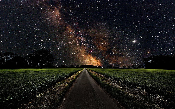 Man Made, Road, Dark, Milky Way, Night, Sky, Starry Sky, Stars, HD wallpaper