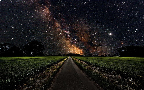صنع الإنسان ، الطريق ، الظلام ، درب التبانة ، الليل ، السماء ، السماء المرصعة بالنجوم ، النجوم، خلفية HD HD wallpaper
