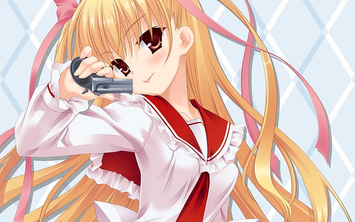 female anime character digital wallpaper, anime, girl, blonde, funny, gun anime, gun, HD wallpaper