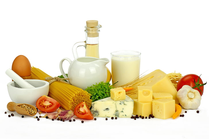 assorted pasta ingredients, milk, oliya, cheese, vegetables, composition, white background, HD wallpaper