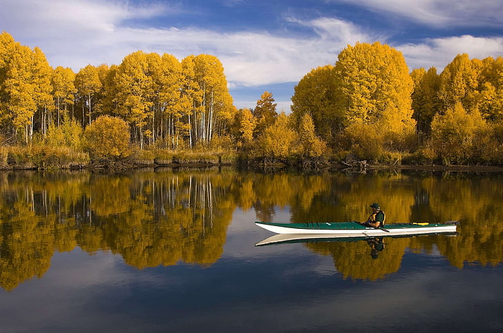 adventure, boat, forest, kayak, lake, landscape, placid, reflection, trees, water, woods, HD wallpaper