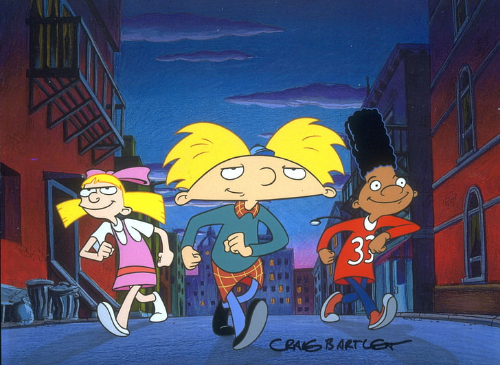 Hej Arnold tapeta, dzieci, ludzie, rysunek, ulica, dom, dziewczyna, trójka, chłopcy, chód, hej Arnold, Helga, Tapety HD