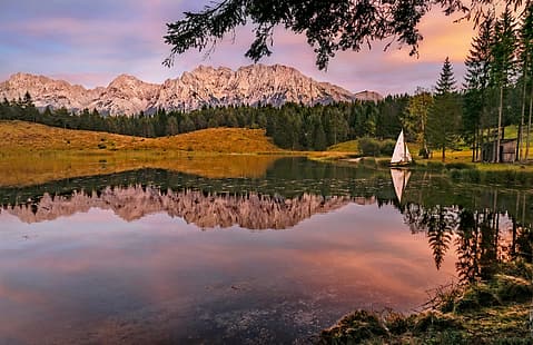 otoño, bosque, árboles, paisaje, montañas, naturaleza, lago, reflexión, barco, velero, Alemania, Bayern, Alpes, Fondo de pantalla HD HD wallpaper