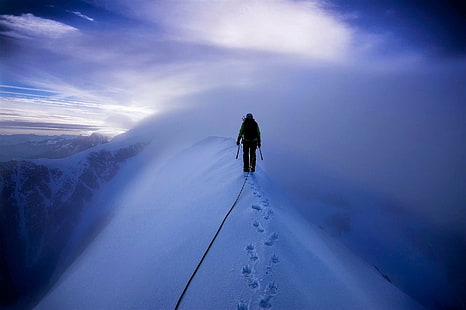 Sport, alpinismo, nebbia, passi, montagna, neve, inverno, Sfondo HD HD wallpaper