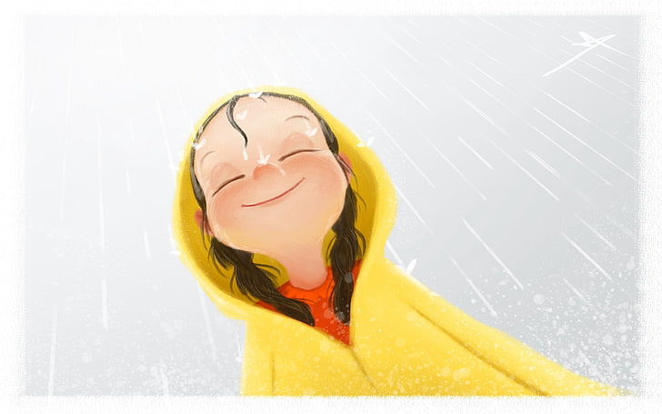 gadis mengenakan ilustrasi jas hujan kuning, suasana hati, hujan, berbeda, tudung, gadis, bayi, Wallpaper HD