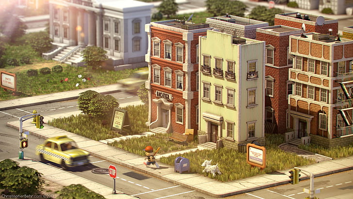 цифровое искусство 3d земля фанат арт видеоигры здание дом улица машина солнечный свет деревья остановка светофор собака такси бейсбол трава отель, HD обои