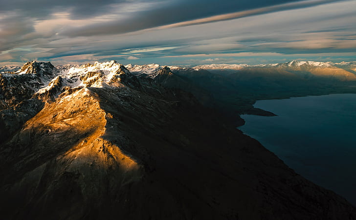 sea, New Zealand, clouds, Lake Wakatipu, hills, mountains, landscape, nature, sunlight, HD wallpaper