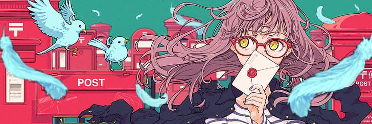 anime, anime girls, long hair, glasses, yellow eyes, birds, feathers, pink hair, looking away, letter, black nails, Mailbox, black shirt, HD wallpaper