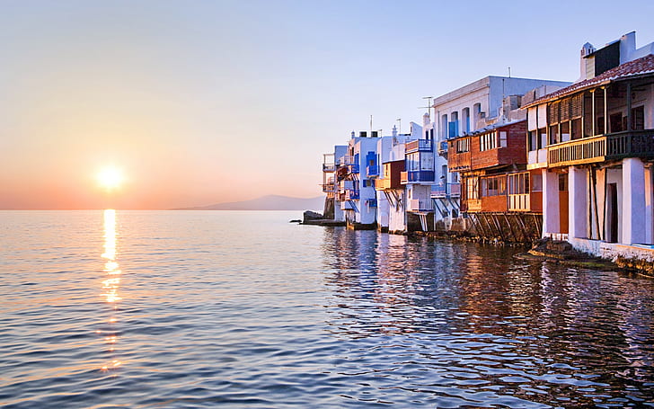 Solnedgång reflekterad över havet, Lilla Venedig, Mykonos, Grekland, hus, Solnedgång, Hav, Lilla, Venedig, Mykonos, Grekland, Hus, HD tapet