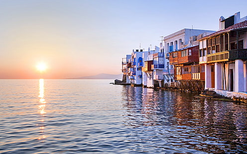 Sunset reflected over sea, Little Venice, Mykonos, Greece, house, Sunset, Sea, Little, Venice, Mykonos, Greece, House, HD wallpaper HD wallpaper