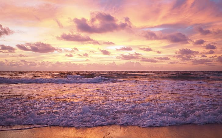 piasek, morze, fala, plaża, lato, zachód słońca, różowy, pejzaż morski, piękny, fioletowy, Tapety HD
