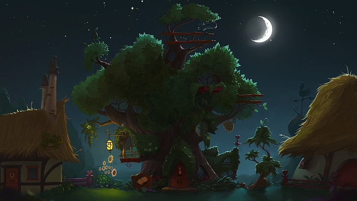 tapeta z zielonymi liśćmi, My Little Pony, grafika, dom, domki na drzewie, Księżyc, noc, sztuka fantasy, Tapety HD
