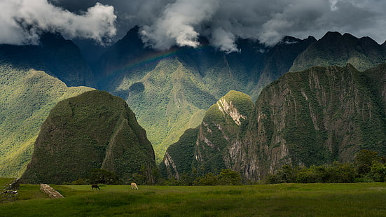 zielone góry, niebo, krajobraz, góry, miasto, widok, tęcza, ruiny, starożytne, Peru, Machu Picchu, podróż, tapeta., Historyczny, moja planeta, panoramiczny, Sanktuarium, historyczny, Tapety HD HD wallpaper