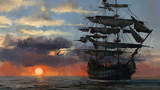 nuages, bateau pirate, mer, crâne et os, lumière du soleil, jeux vidéo, Fond d'écran HD HD wallpaper