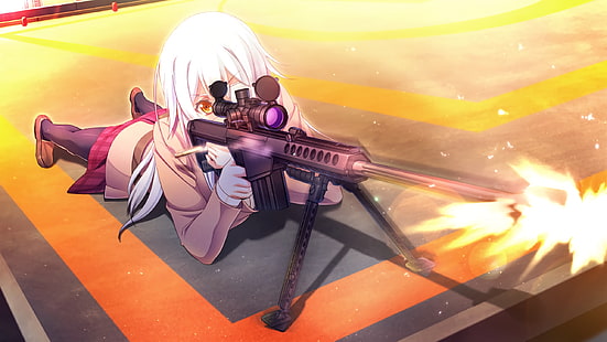 аниме, аниме девушки, Innocent Bullet, Miyasu Sanae, длинные волосы, белые волосы, оранжевые глаза, Game CG, юбка, пистолет, снайперская винтовка, оружие, HD обои HD wallpaper