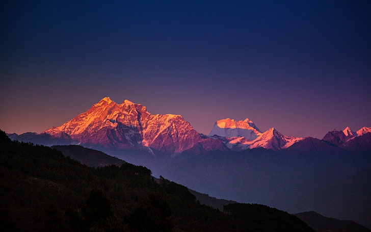 montanha durante a hora de ouro papel de parede, Himalaia, montanhas, paisagem, pôr do sol, HD papel de parede