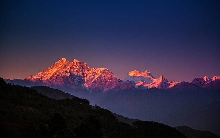 solnedgång, berg, landskap, Himalaya, HD tapet