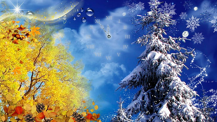 Осень 2 Зима, персона Firefox, времена года, звезды, осень, листья, холодная, ветер, аннотация, изменения, снег, зима, Clou, HD обои