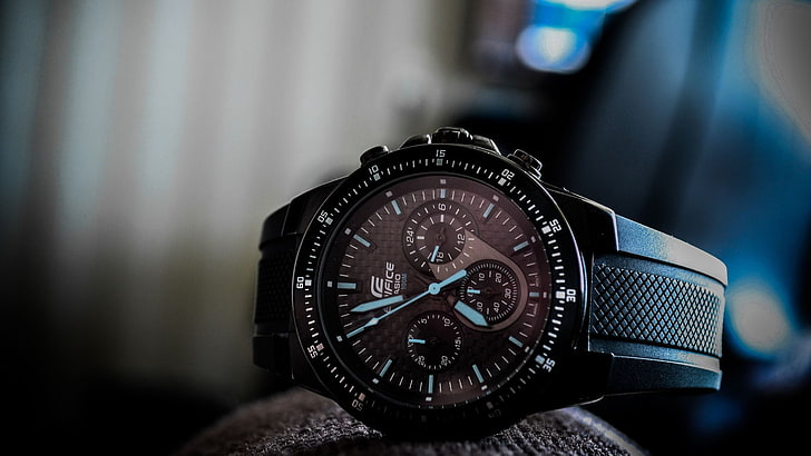 round black Edifice chronograph watch with black strap, watch, Edifice, EF-552PB, wrist, Casio, HD wallpaper