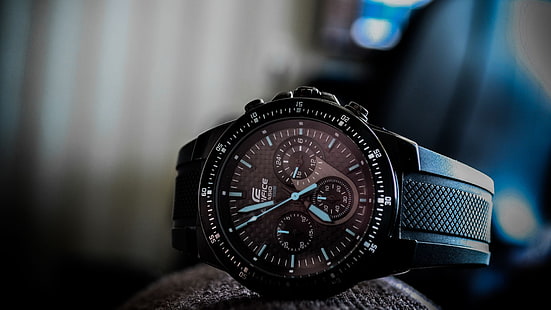round black Edifice chronograph watch with black strap, watch, Edifice, EF-552PB, wrist, Casio, HD wallpaper HD wallpaper