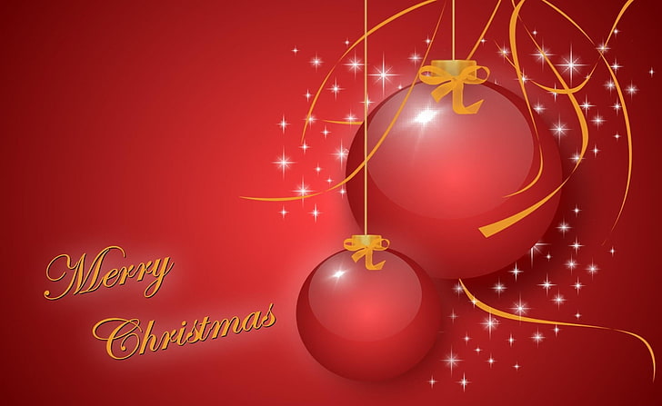 enfeites vermelhos e papel de parede de texto de feliz Natal, decorações de natal, balões, casal, cintilação, natal, HD papel de parede