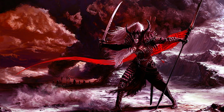 Warrior with sword and spear, warrior, weapon, posture, gloom, HD ...