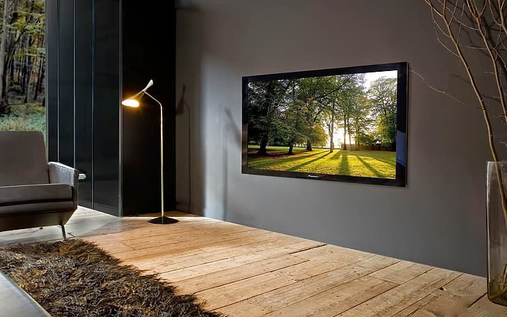 living rooms, modern, TV, television sets, gray wall, gray, floor lamp, Wood Flooring, Linux, HD wallpaper