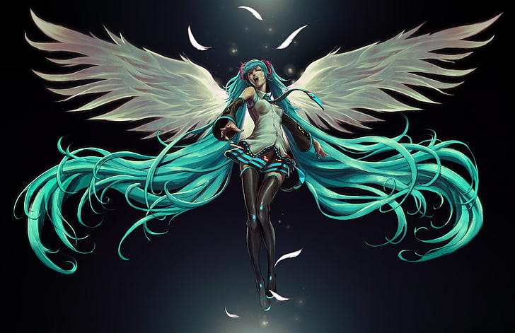 анимированный персонаж ангела, аниме, аниме девушки, хацунэ мику, вокалоид, синие волосы, длинные волосы, украшение для волос, крылья, бедра, HD обои