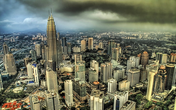edited photo of cityscape, Petronas Towers, Kuala Lumpur, Malaysia, HDR, cityscape, HD wallpaper