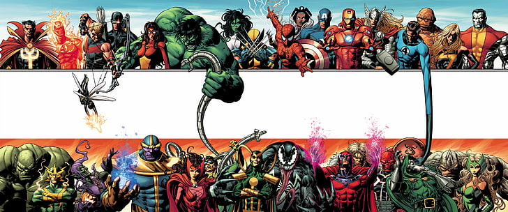 assorted superheroes and villains illustration, marvel, heroes, villains, encyclopedia, HD wallpaper