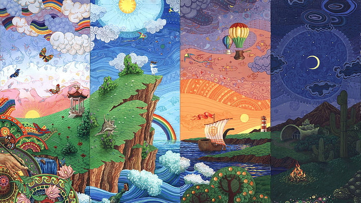 collage de pinturas de paisajes multicolores, arte digital, naturaleza, mar, arcoiris, sol, luna, mariposa, globo, barco, tubo, colorido, faro, nubes, cielo, neblina de color, dijo, psicodélico, abstracto, estaciones, Fondo de pantalla HD