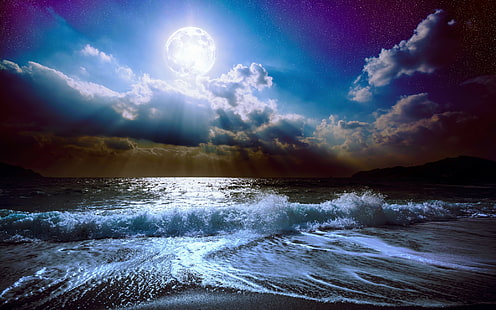 Moon midnight, sea waves, moonlight, moon, Night, midnight, Nature, landscape, clouds, full moon, sky, Sea, Ocean, waves, Beautiful Nature, HD wallpaper HD wallpaper