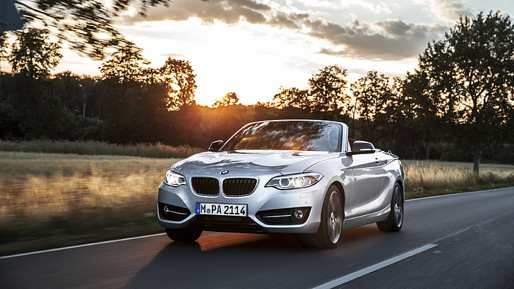silver BMW M-Series convertible coupe, sunset, car, BMW, nature, Convertible, vehicle, HD wallpaper