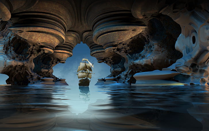 Unbekanntes Wasser, unbekannte Welten, kristallklares Meer, fraktale Weltzonen, honiggekämmte Höhle, neue Welthorizonte, HD-Hintergrundbild