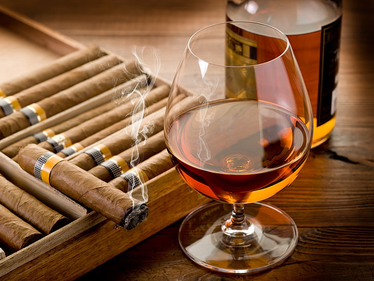 clear wine glass, table, glass, bottle, cigar, cognac, smoke, HD wallpaper