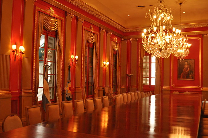 room, interior, chandeliers, table, palace, HD wallpaper