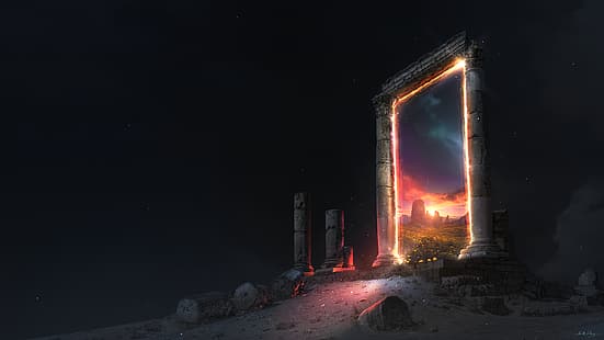 fantasikonst, portal, stenar, stjärnor, HD tapet HD wallpaper