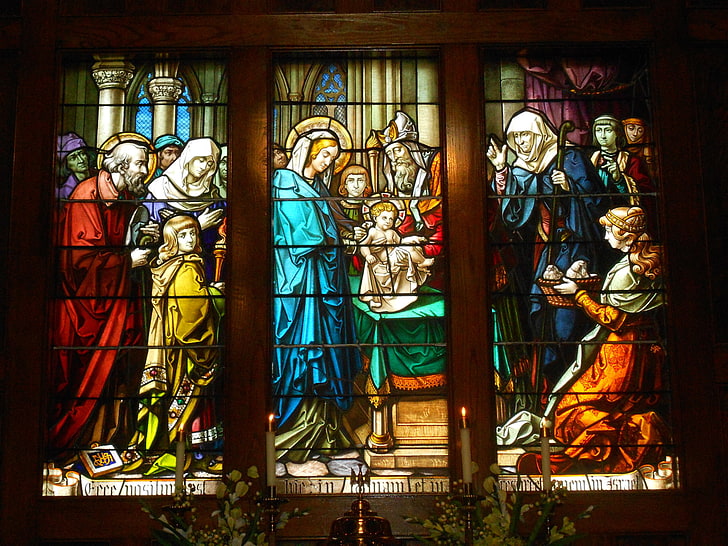 فن الافتراض الكاثوليكية المسيحية الزجاج يسوع سيدة الدين الملون النافذة، خلفية HD