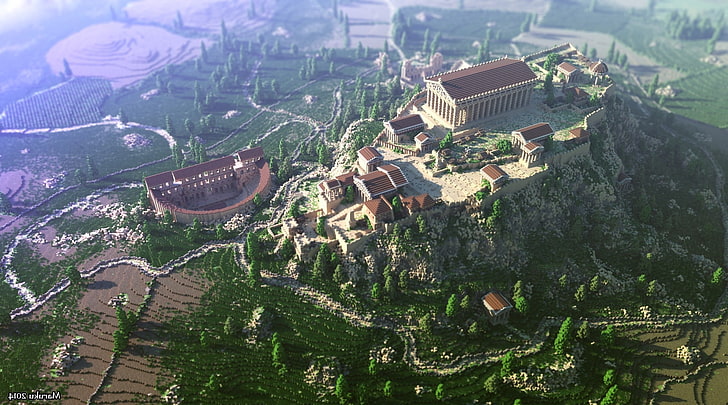 Acropolis, Athens, Greece, Minecraft, render, screenshots, HD wallpaper