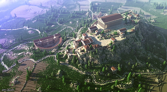 Акрополь, Афины, Греция, Майнкрафт, рендер, скриншоты, HD обои HD wallpaper