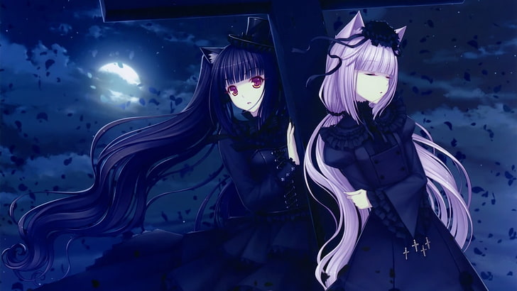 two black and purple-haired female witch anime characters, Sayori, anime, anime girls, nekomimi, Vanilla (Neko Para), Neko Para, Chocolat (Neko Para), visual novel, cat girl, Gothic, fantasy girl, Moon, HD wallpaper